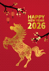2026 Year of the Horse red greeting card with golden paper-cut style horse pattern, plum blossoms and lanterns