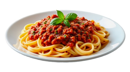 Delicious Spaghetti Bolognese on White Plate Isolated on Transparent Background