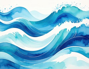 Abstract watercolor painting of flowing blue ocean waves with white foam