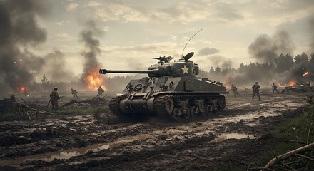 Historical military tank rolling through a muddy battlefield