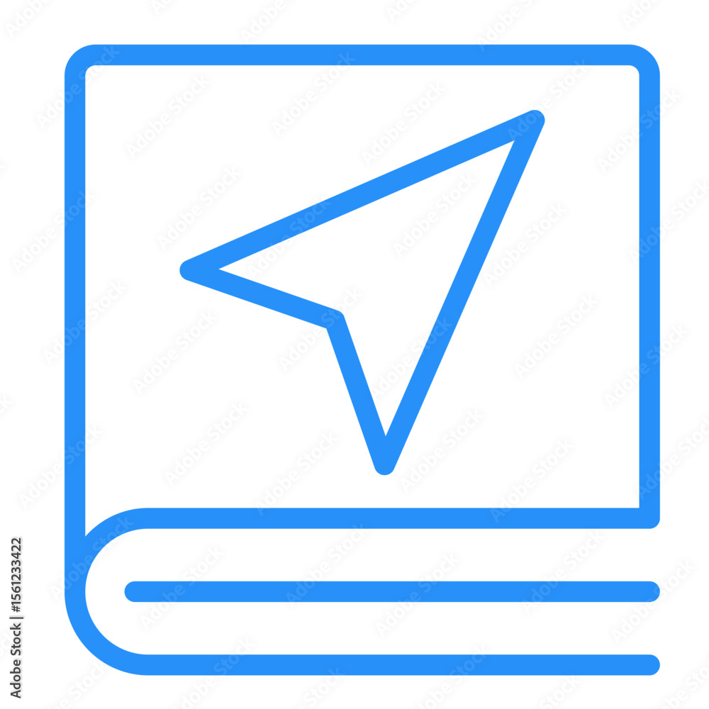 Poster blue outline of a book with a navigation arrow pointing upwards in the middle of the book cover spac