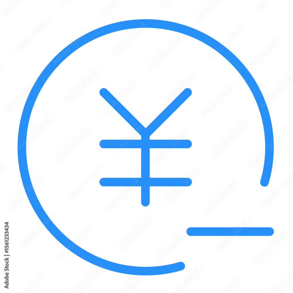 Poster blue yen symbol inside an incomplete circle with a small line below it on a white background view