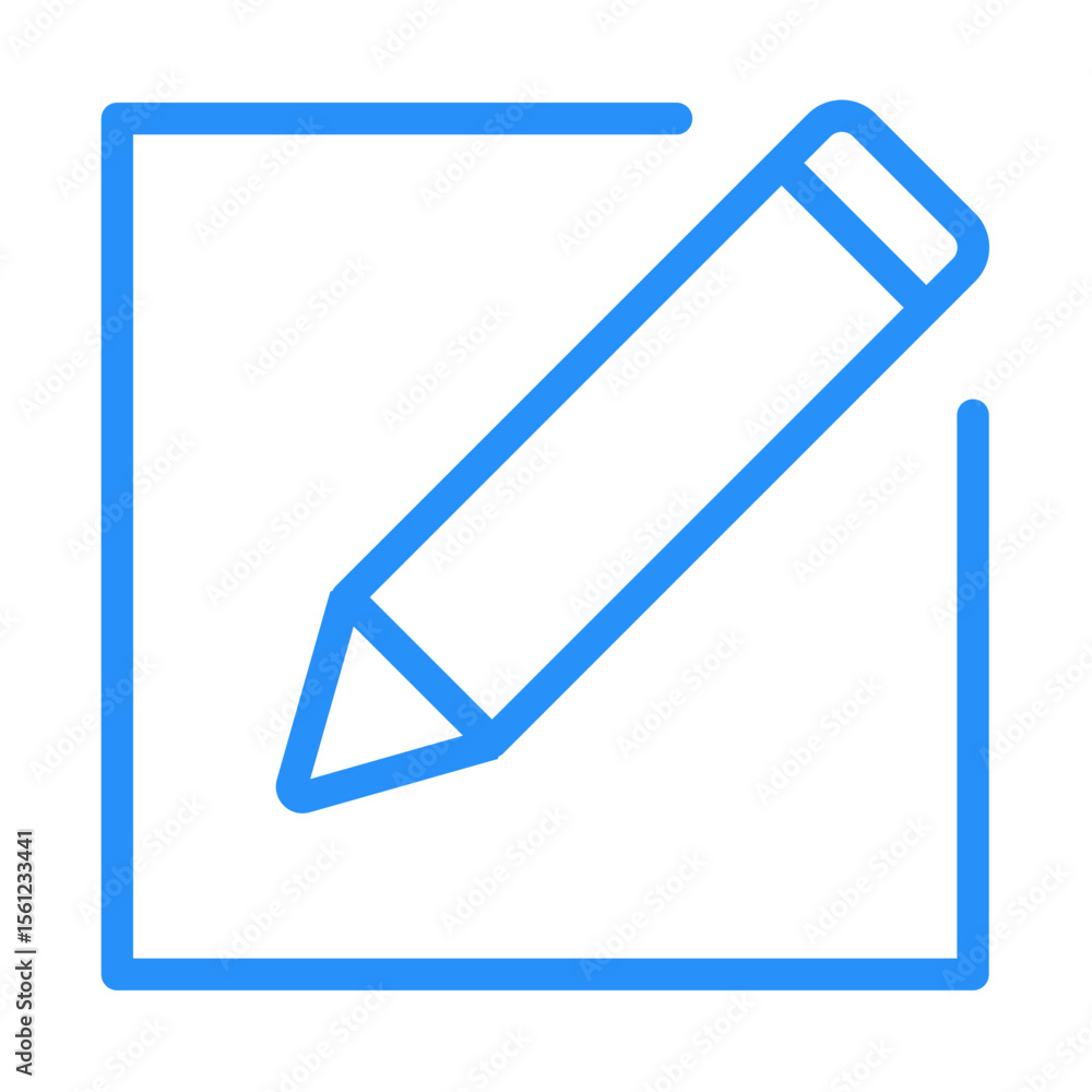 Poster blue outline of a pencil placed diagonally inside of a square shape on a white background image view