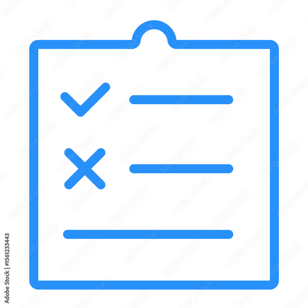 Poster blue clipboard icon with check and cross marks and lines representing list items in a document 100