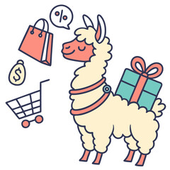 A Funny Llama with sitting on a moon in a Black Friday / Cyber Monday theme – Shopping Spree palette SVG illustration