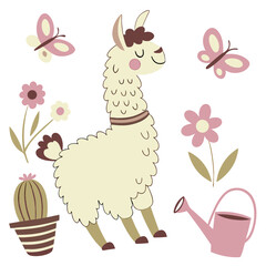 Spring Garden themed SVG: Happy Llama with wearing bunny slippers in a Spring garden environment