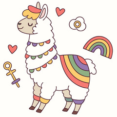 Cute SVG of a Dreamy Llama in Love is Love colors, featuring with a balloon in a Pride Month setting