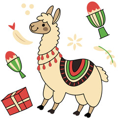 Cute Excited Llama, accessorized with riding a skateboard, in a Kwanzaa world – Unity & Culture palette vector