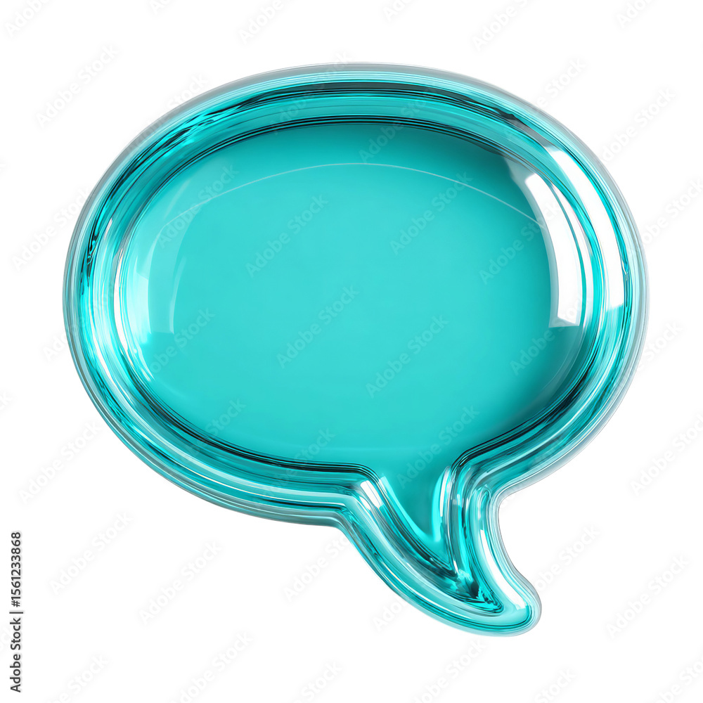 Poster transparent chat bubble, a translucent turquoise speech bubble icon representing communication and c