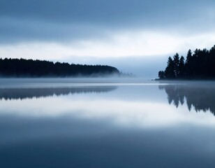 Obraz premium Misty morning over calm lake with dark forest silhouette and reflection