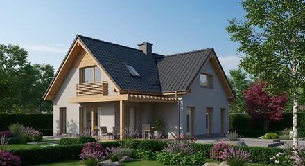 Modern House with Garden and Dark Roof