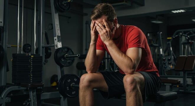 Young man sitting in gym feeling stressed after workout session  