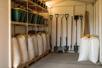 Organized storage shed displaying gardening tools and bags of soil, with shelves overhead