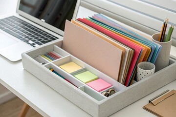 Organized workspace featuring colorful papers, sticky notes, and a laptop on a desk