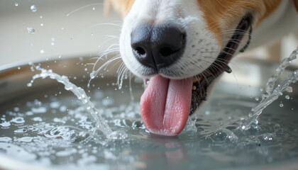 Close-up of a Thirsty Dog Lapping Water from a Bowl, Splashing Refreshing Liquid