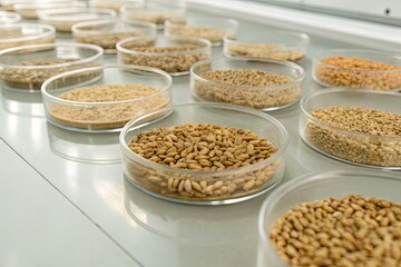 Various types of seeds displayed in transparent containers on a laboratory table for analysis