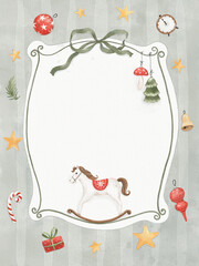 Christmas card with watercolor frame decorated with holiday symbols, green bow, rocking horse and Christmas toys. Hand drawn colored print for your greeting or invitation text.