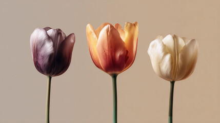 three vibrant tulips in purple orange and cream tones on neutral background for natural aesthetic decor and artistic floral display