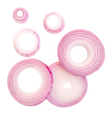 Top view set of fresh red or purple onion rings or slices in stack isolated on white background with clipping path