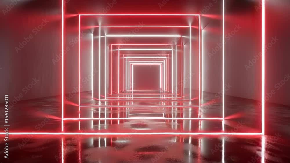 Poster symmetrical array of pulsating red and white neon lights in futuristic corridor