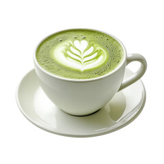 A white coffee cup with a green foam leaf design on top
