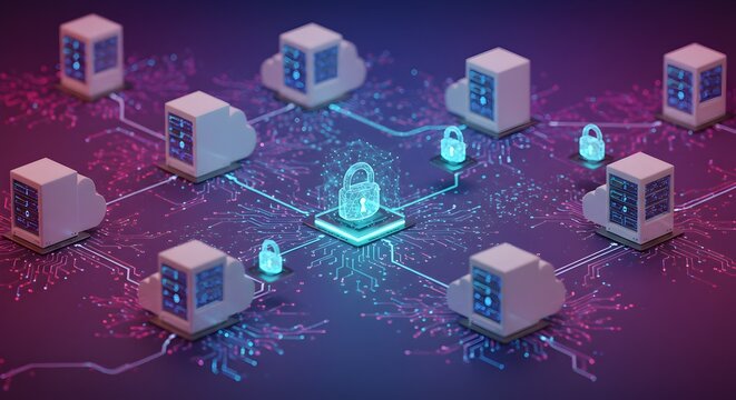 Futuristic 3D Rendered Cloud Server Network Security Padlock Isometric Illustration