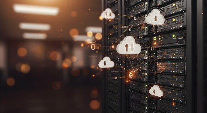 Conceptual 3D Server Room with Cloud Computing Icons Data Center - Powered by Adobe
