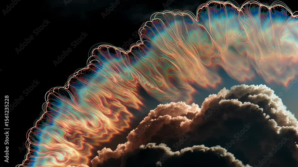 Poster holographic cloud slice with cross section revealing vibrant line patterns in dynamic colors