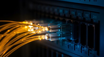 Fiber Optic Cable Connection Detailed Close up in Server Room