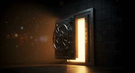 Dramatic Bank Vault Door Opening with Golden Light Shining Through