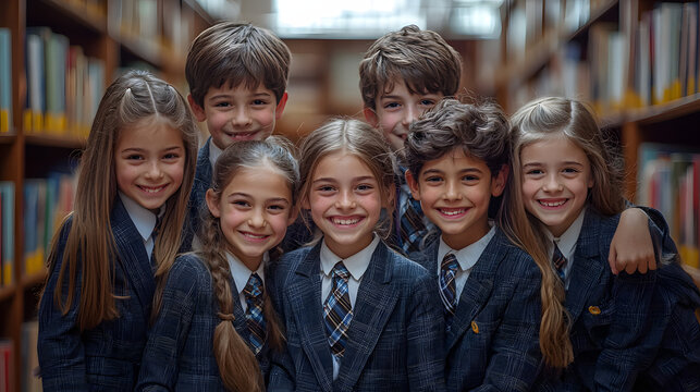 Group of happy kids in private school uniform with books smiling together in a library setting, showcasing friendship and diversity