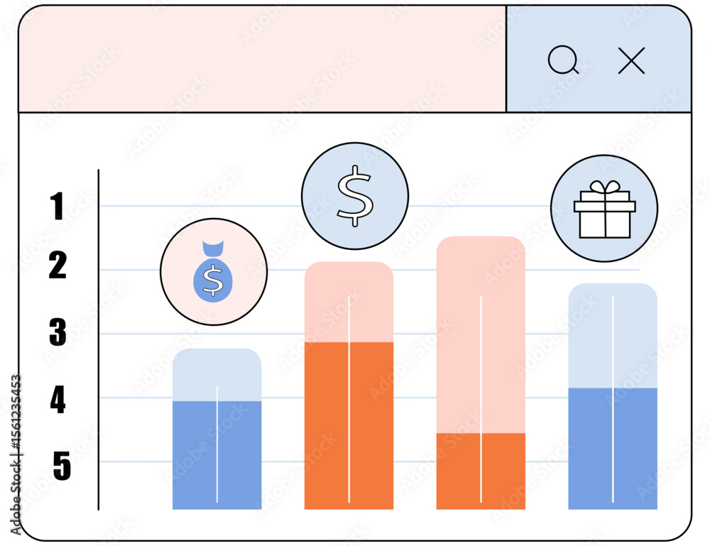 Poster flat vector bar chart showing sales performance across four quarters with product icons, featuring a
