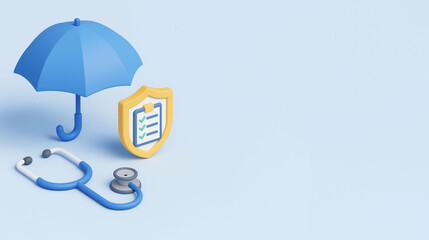 mployee medical benefits insurance concept with stethoscope shield and checklist under umbrella isolated on blue background with copy space for text
