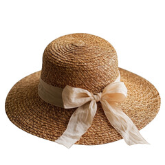 A straw hat with a white ribbon tied around it