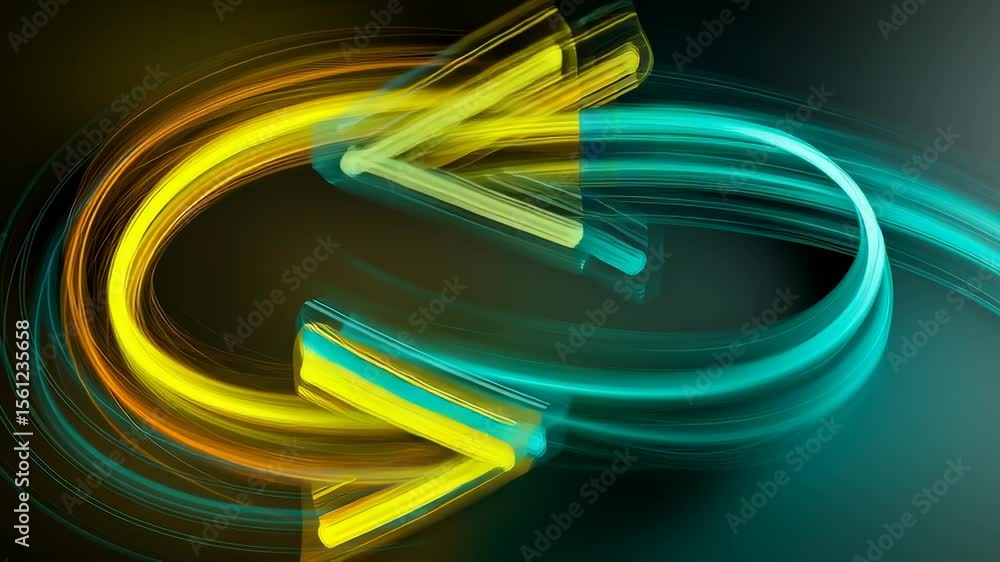 Poster interlocking neon arrows in yellow and teal on dark background with abstract motion effect