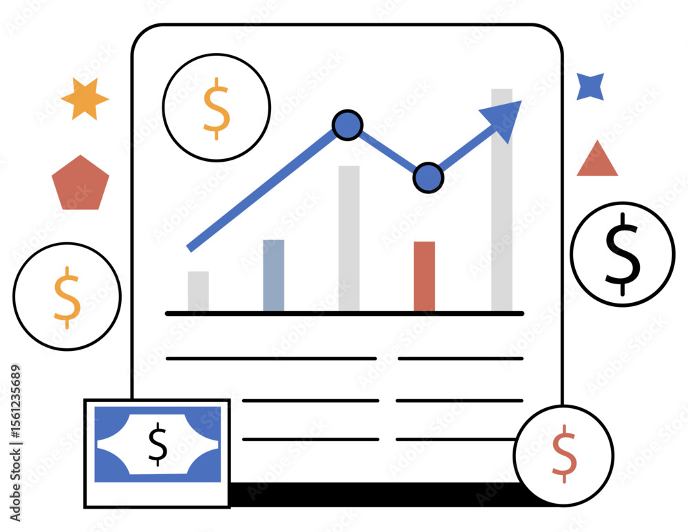 Poster flat vector chart showing return on investment with dollar signs and rising line graph, featuring a 