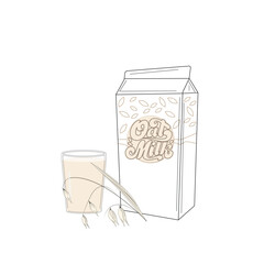 Oat Milk Vector Illustration — Plant-Based Dairy Alternative. Vector illustration of a carton of oat milk with a glass and oat plant in a soft minimal line-art style. Perfect for promoting vegan drink