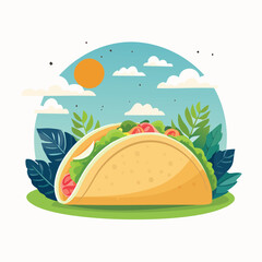Fish Tacos Stylized Vector Design with Forest and Mountain Elements.