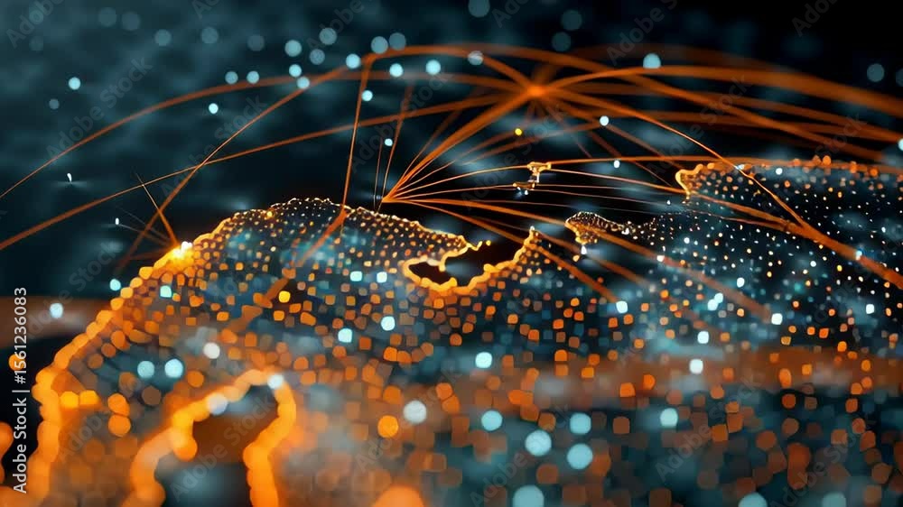 Poster blinking network interface map of europe with vibrant colors and dynamic visual elements