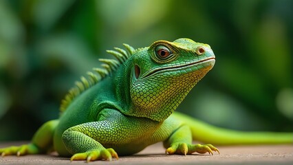 Fototapeta premium Close up portrait of a vibrant green iguana with detailed scales and a blurred jungle background