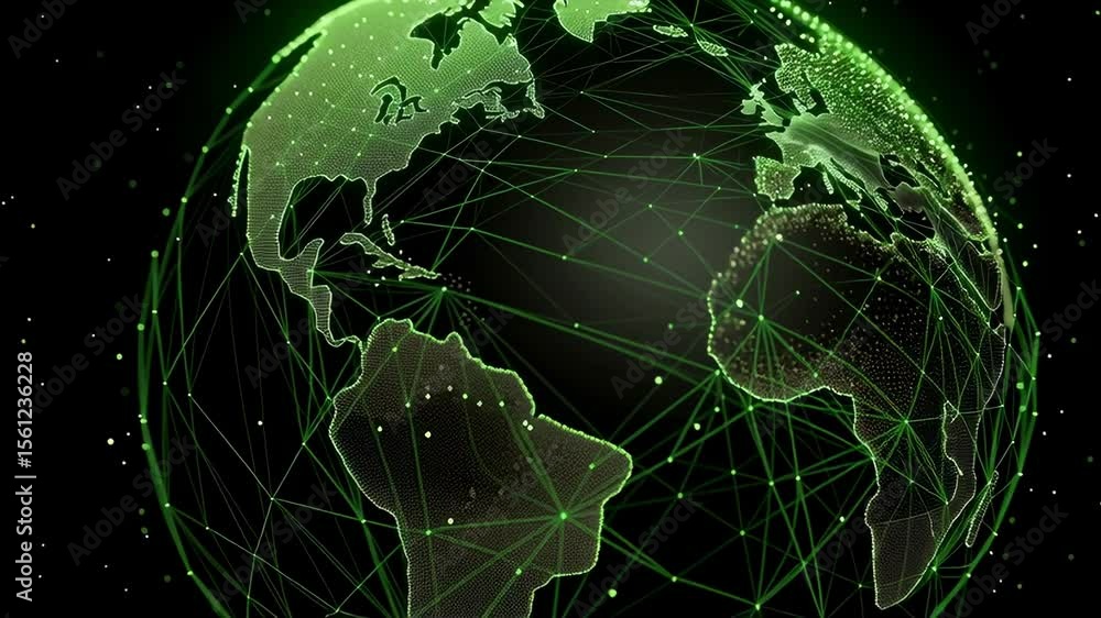 Poster green lines connecting continents on a virtual globe with geo-illumination and data points