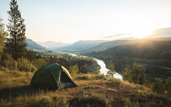 Green tent on a hill overlooking a river with mountains in the background light