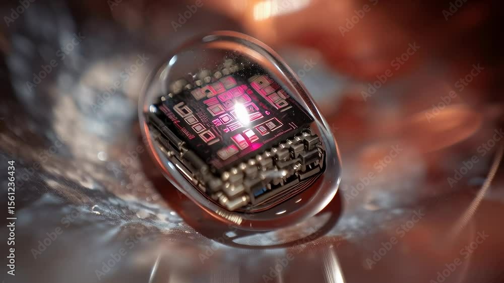 Poster close-up view of a cyberpunk styled chip embedded in a glossy glass shell