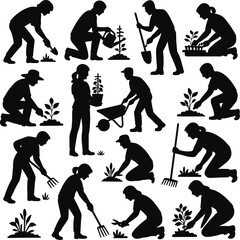 set of silhouette images of people gardening