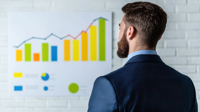 Businessman analyzing growth charts in modern office setting, showcasing data driven insights and strategic planning