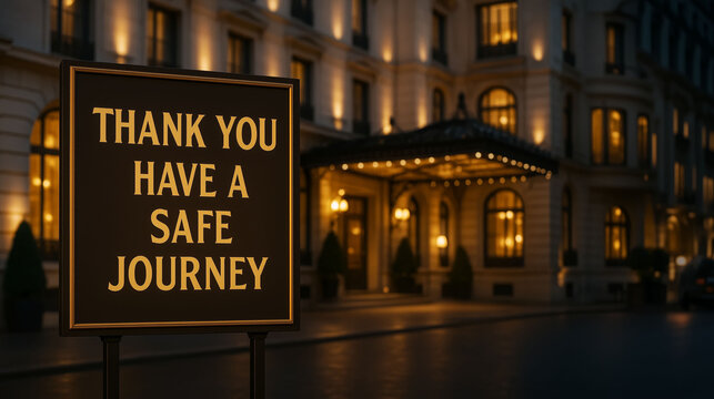 Safe journey and checkout message displayed outside luxury hotel entrance at night with illuminated thank you signage for guest farewell and safe travel concept