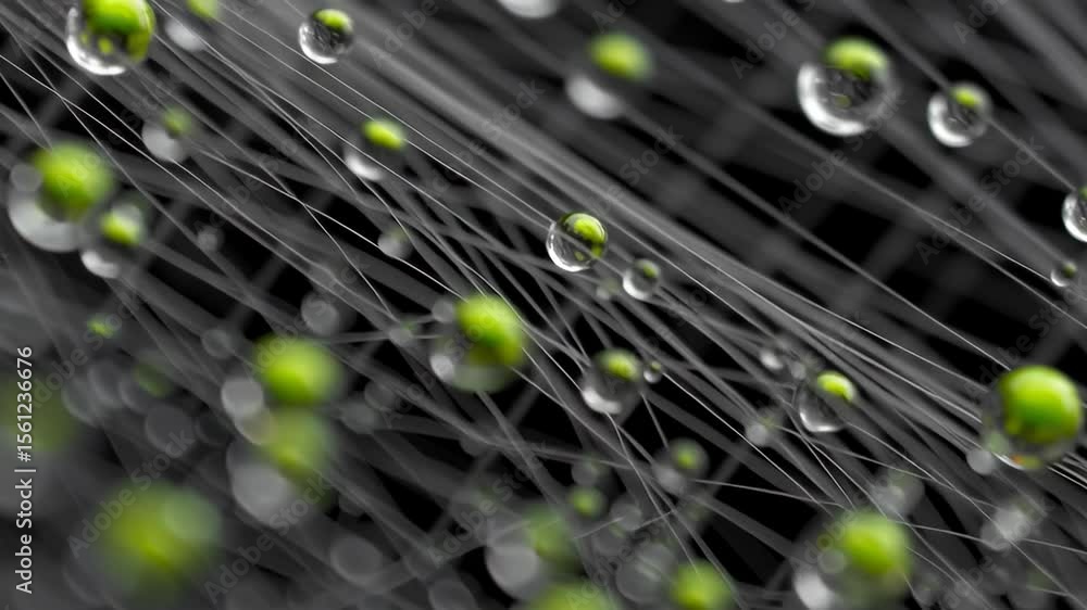 Aufkleber close-up of wet net fibers with droplets creating a stunning ball effect on a black background
