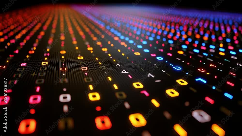 Poster neon binary code grid in dark void with colorful patterns and light reflections