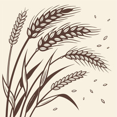 Rustic Wheat Sheaf with Falling Kernels — This vector features several detailed wheat stalks bundled together, with grains gently falling, evoking themes of harvest, abundance, and natural cycles in w