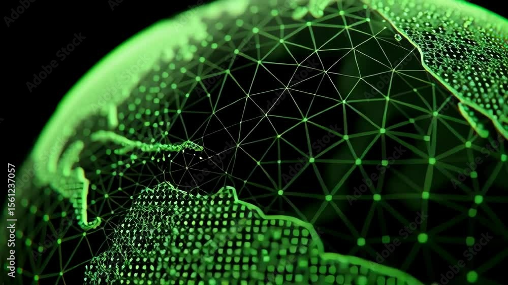 Poster fragmented digital globe in wireframe design with neon green lines and abstract background